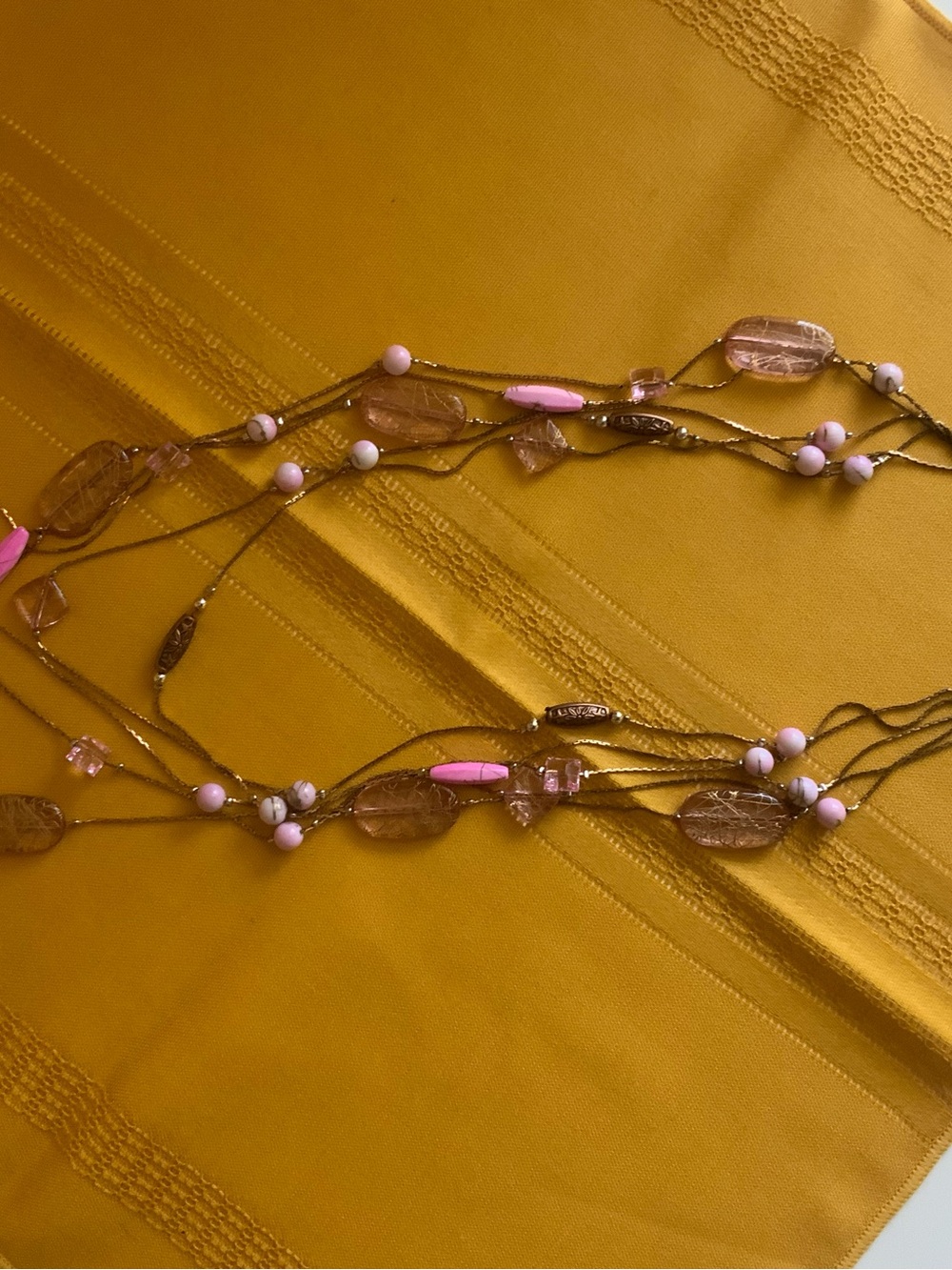 Vintage Multi Strand Pink Crackle Glass Bead Necklace Long Brass Filigree 30"